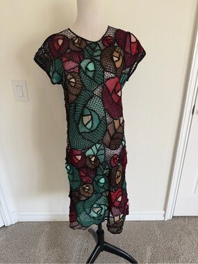 Lim’s Vintage Crochet Overlay Midi Dress in Black, Teal, Burgundy & Brown